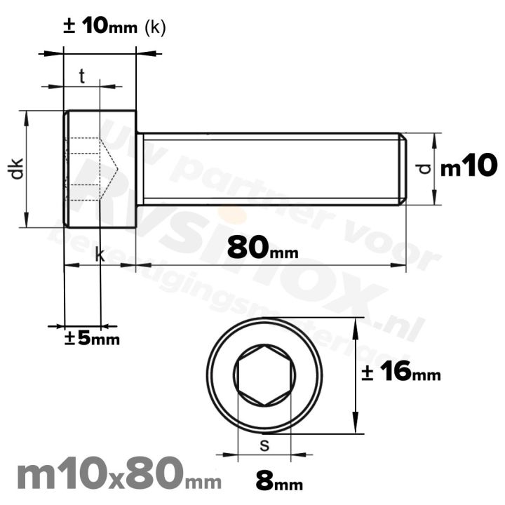 Inbusbout M10x80/80 DIN 912 / ISO 4762 - RVS A2 (Inox)