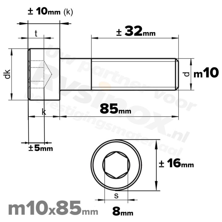 Inbusbout M10x85 DIN 912 / ISO 4762 - RVS A2 (Inox)