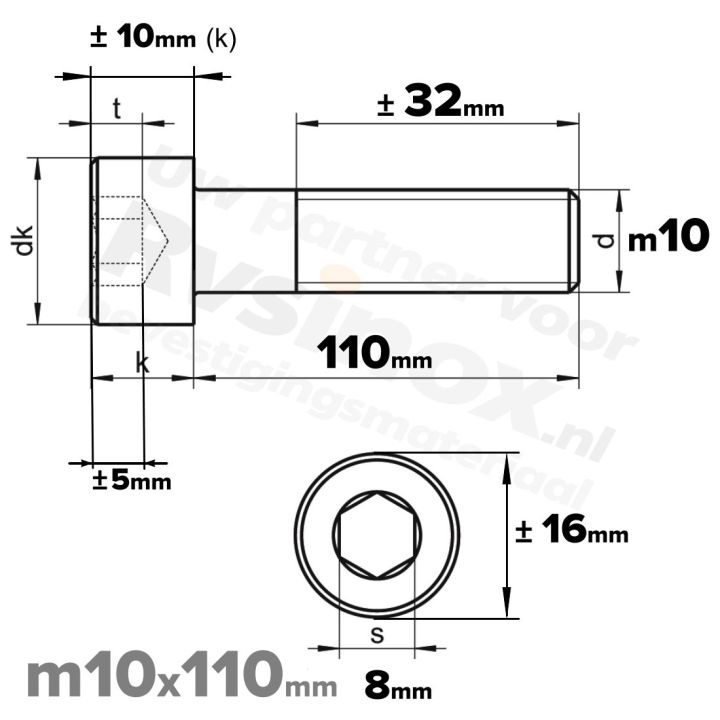 Inbusbout M10x110 DIN 912 / ISO 4762 - RVS A2 (Inox)