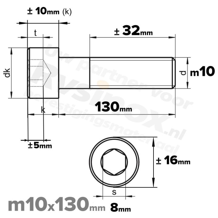 Inbusbout M10x130 DIN 912 / ISO 4762 - RVS A2 (Inox)