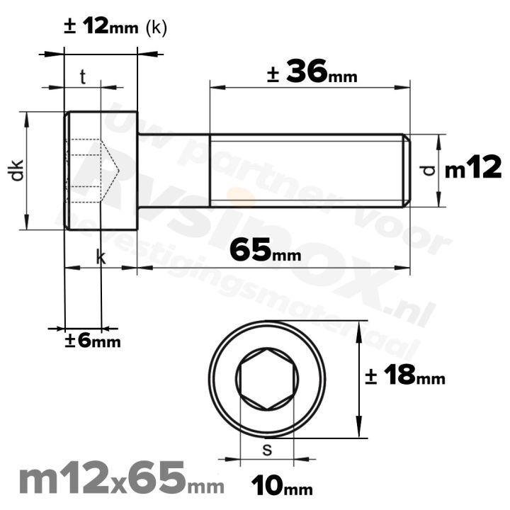 Inbusbout M12x65 DIN 912 / ISO 4762 - RVS A2 (Inox)