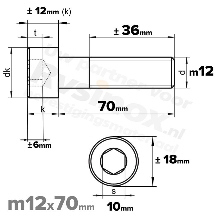 Inbusbout M12x70 DIN 912 / ISO 4762 - RVS A2 (Inox)