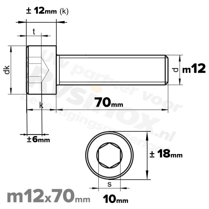 Inbusbout M12x70/70 DIN 912 / ISO 4762 - RVS A2 (Inox)
