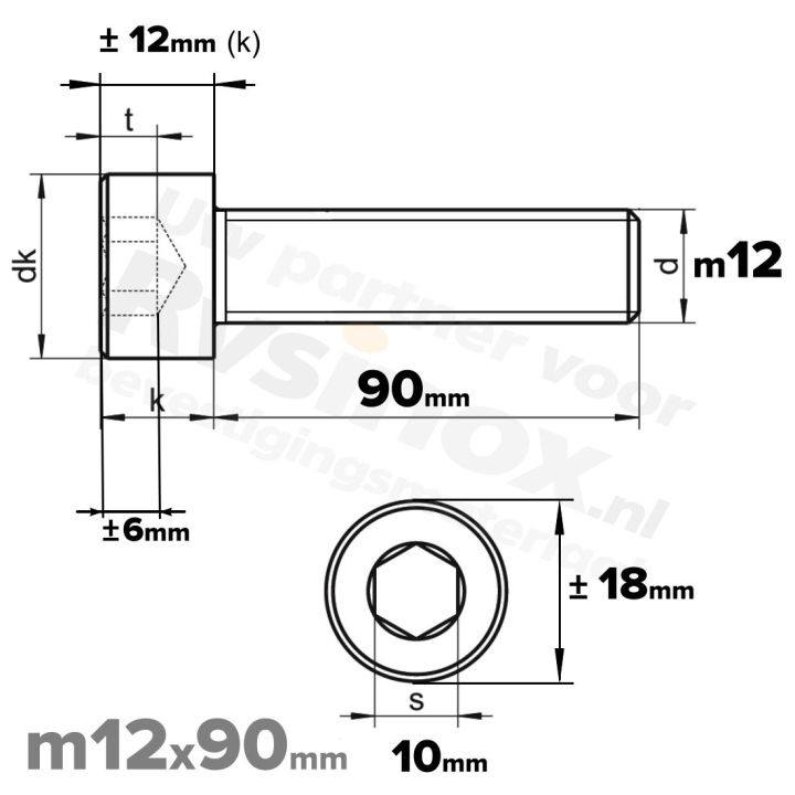 Inbusbout M12x90/90 DIN 912 / ISO 4762 - RVS A2 (Inox)