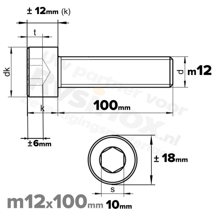 Inbusbout M12x100/100 DIN 912 / ISO 4762 - RVS A2 (Inox)