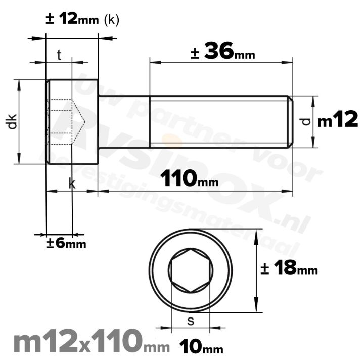 Inbusbout M12x110 DIN 912 / ISO 4762 - RVS A2 (Inox)