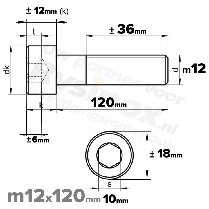 Inbusbout M12x120 DIN 912 / ISO 4762 - RVS A2 (Inox)