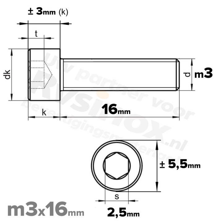 RVS Inbusbout M3x16 DIN 912 A2 | Cilinderschroef ISO 4762