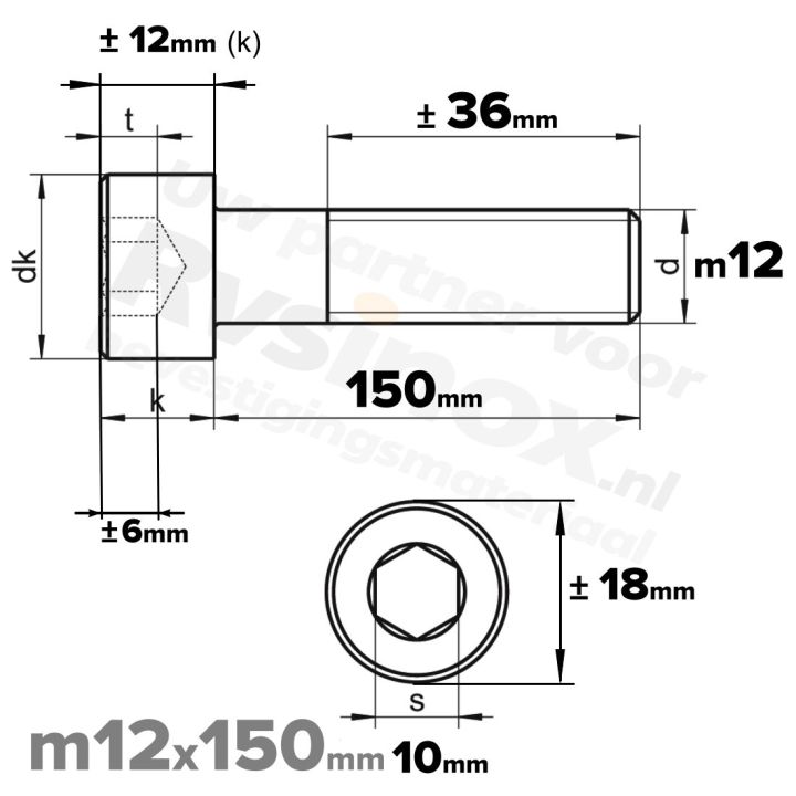Inbusbout M12x150 DIN 912 / ISO 4762 - RVS A2 (Inox)