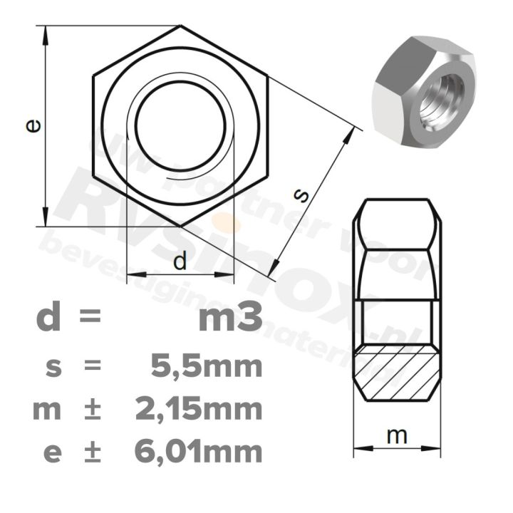 Zeskantmoer M3 DIN 934 RVS A2