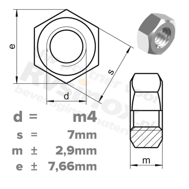 Zeskantmoer M4 DIN 934 RVS A2