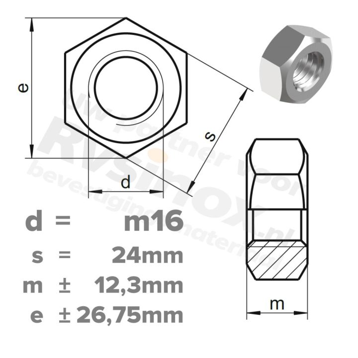 Zeskantmoer M16 DIN 934 RVS A2 | rvsinox.nl