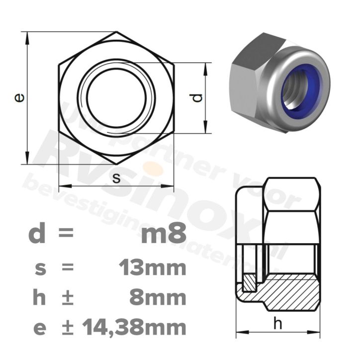 Zeskantmoer zelfborgend M8 DIN 985 RVS A2 | rvsinox.nl