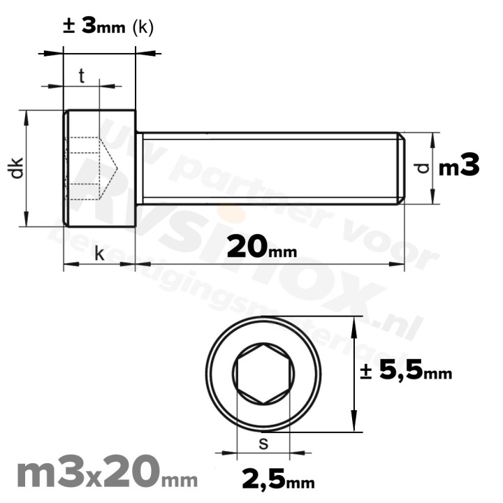 RVS Inbusbout M3x20 DIN 912 A2 | Cilinderschroef ISO 4762