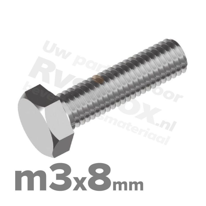Zeskantbout M3x8 DIN 933 / RVS A2 (Inox)