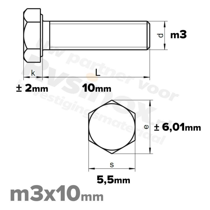 RVS Zeskantbout M3x10 DIN 933 A2
