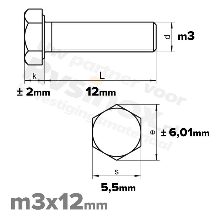 RVS Zeskantbout M3x12 DIN 933 A2