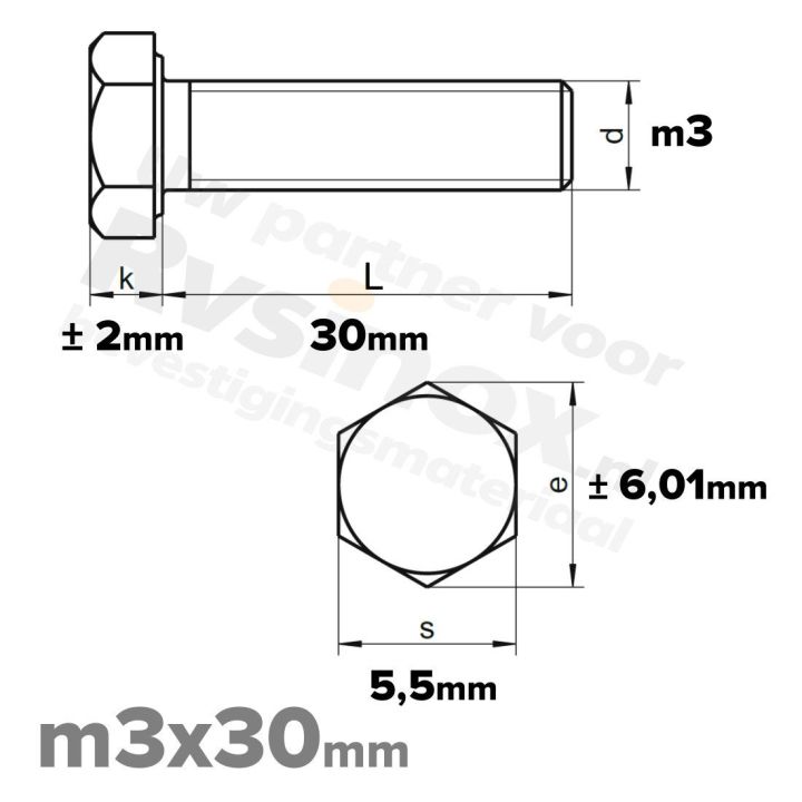 RVS Zeskantbout M3x30 DIN 933 A2