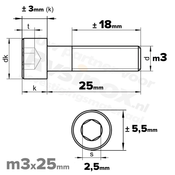 RVS Inbusbout M3x25 DIN 912 A2 | Cilinderschroef ISO 4762