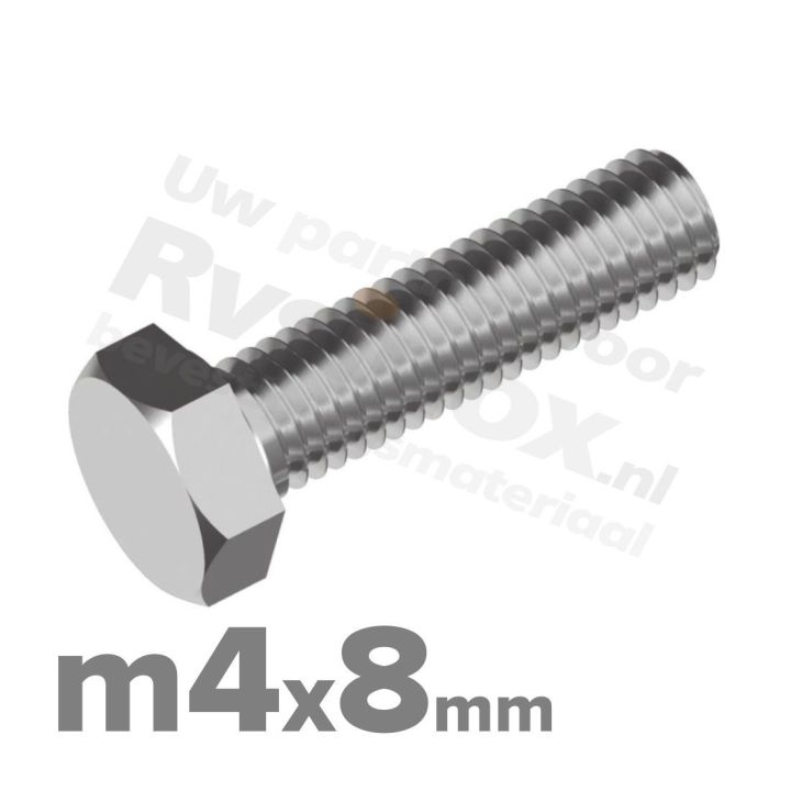 Zeskantbout M4x8 DIN 933 / RVS A2 (Inox)